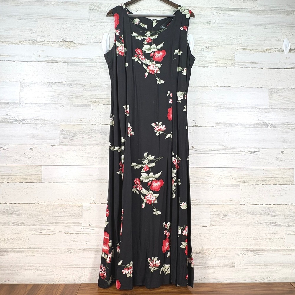 Cimmaron Dress Black Red Floral Maxi Dress Sleeveless Vintage 90s Grunge Size 16